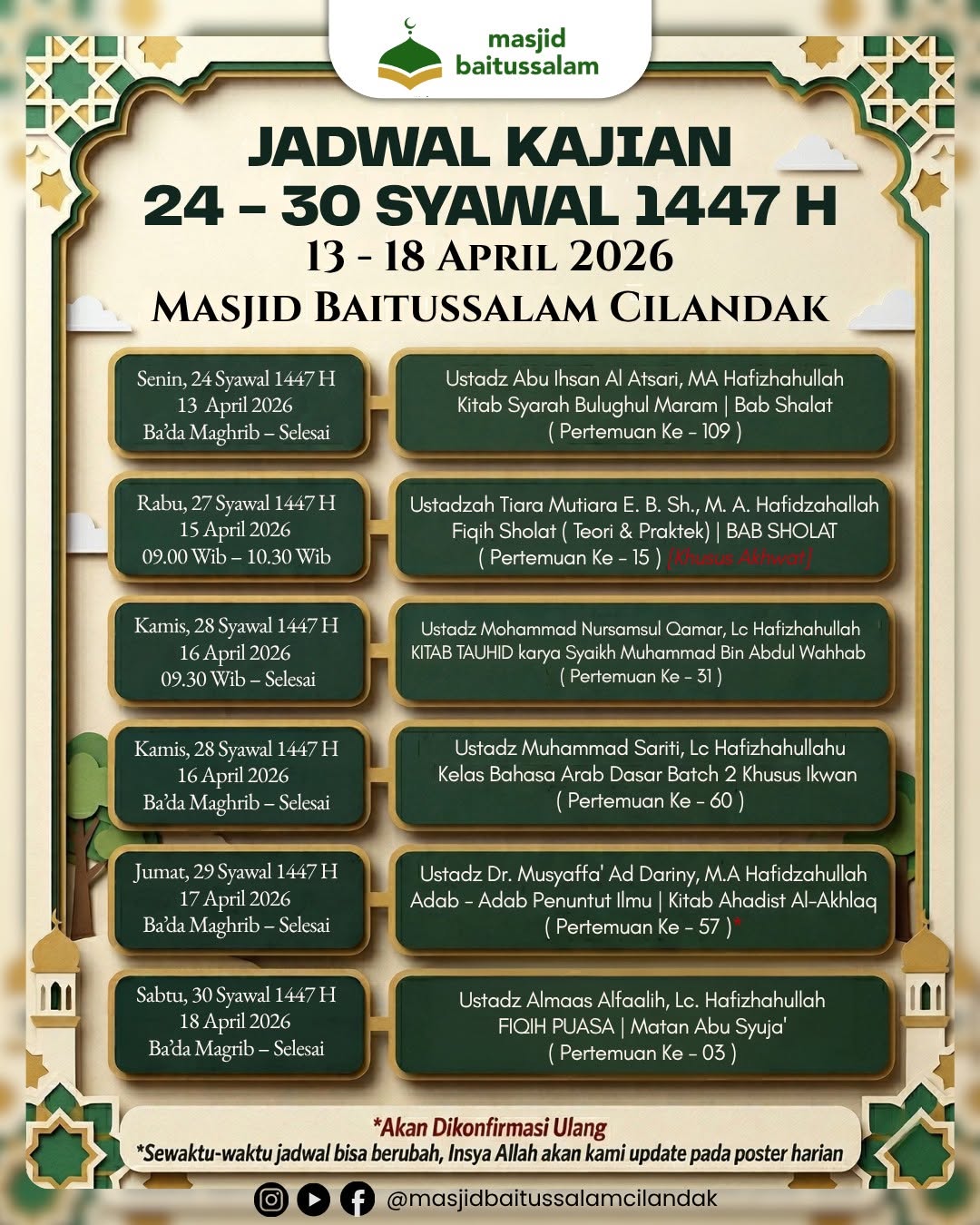 JADWAL KAJIAN PEKANAN 24-30 SYAWAL 1447 H