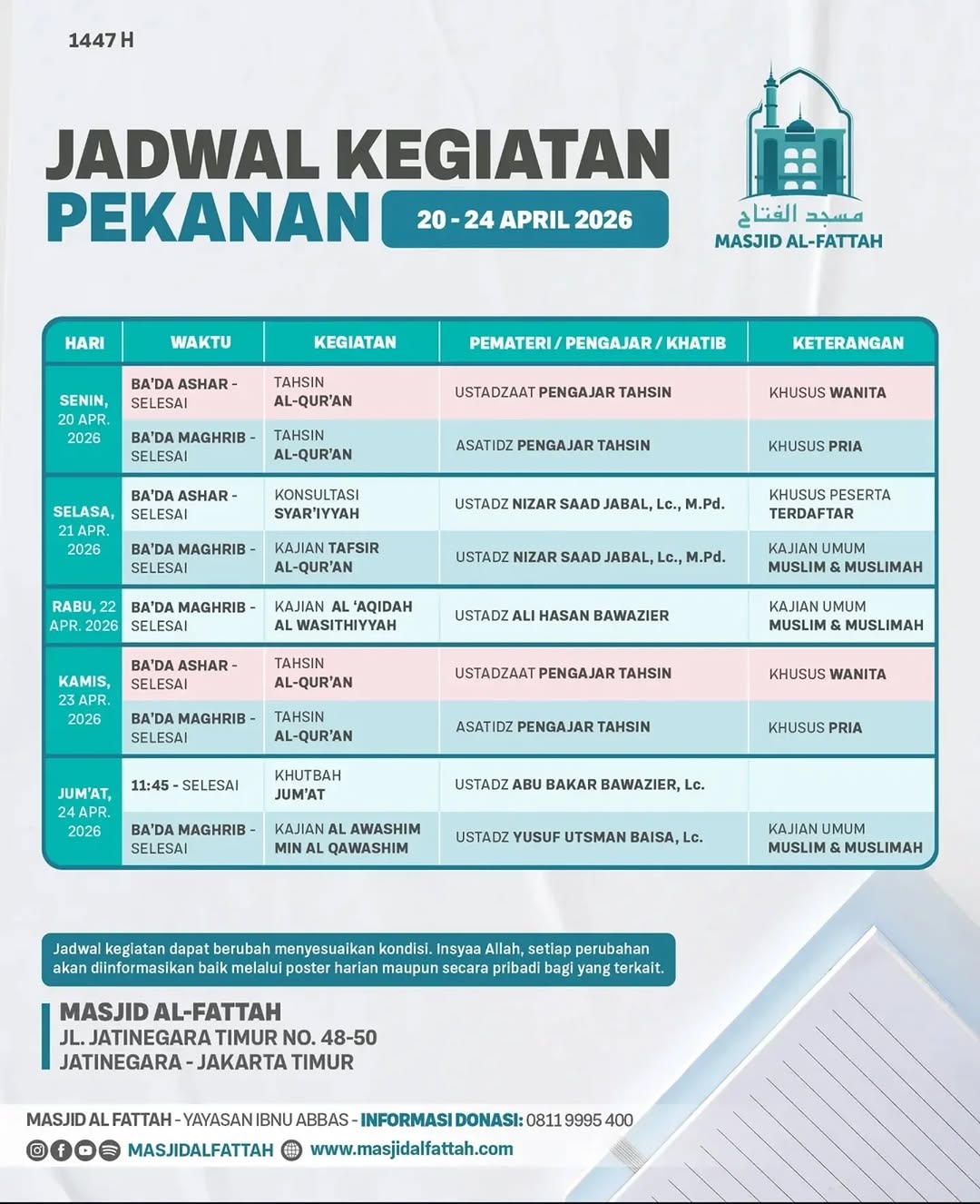 Jadwal Kegiatan Pekanan Masjid Al-Fattah (20-24 April 2026)