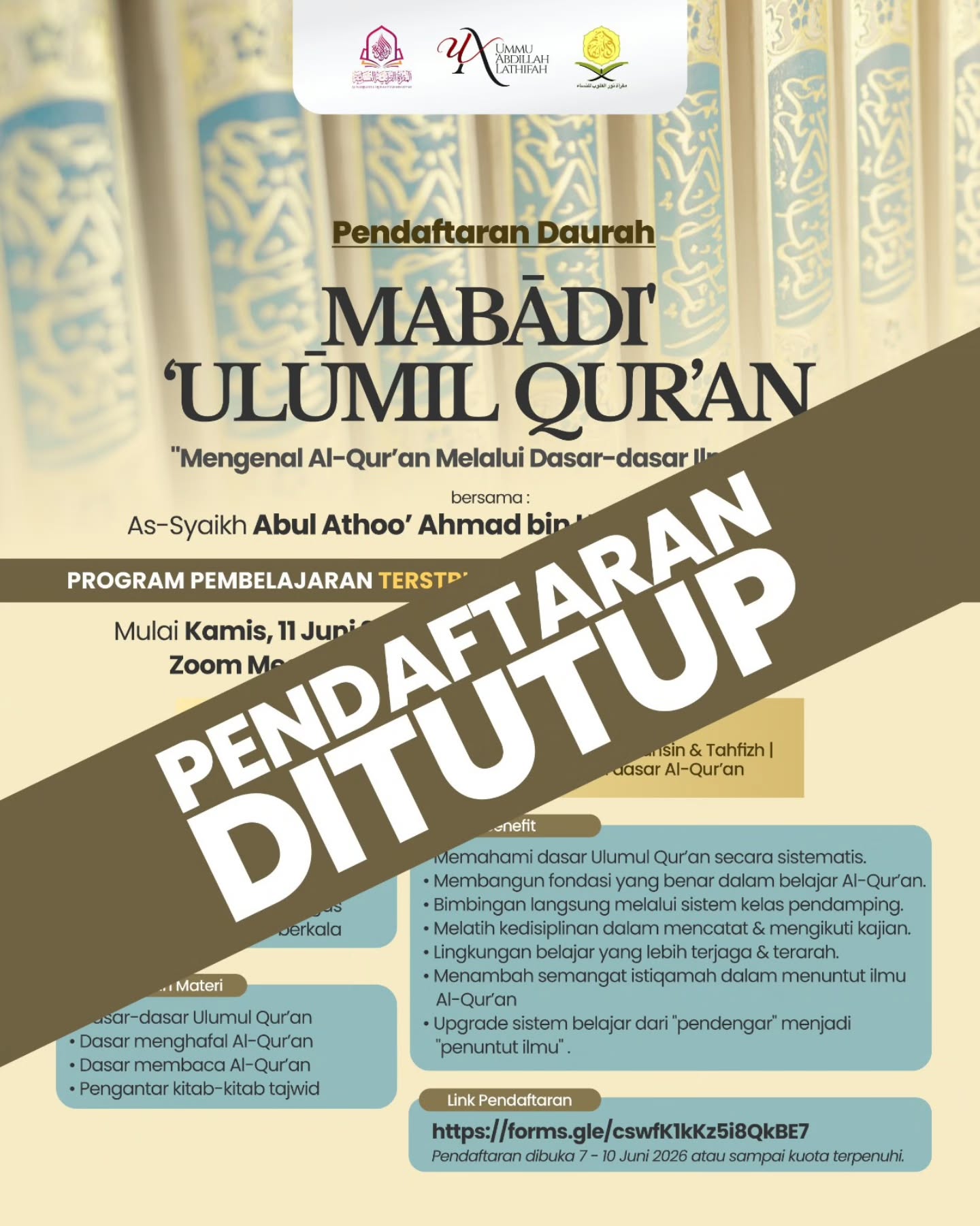 Pendaftaran Dawrah Mabadi Ulumul Qur'an
