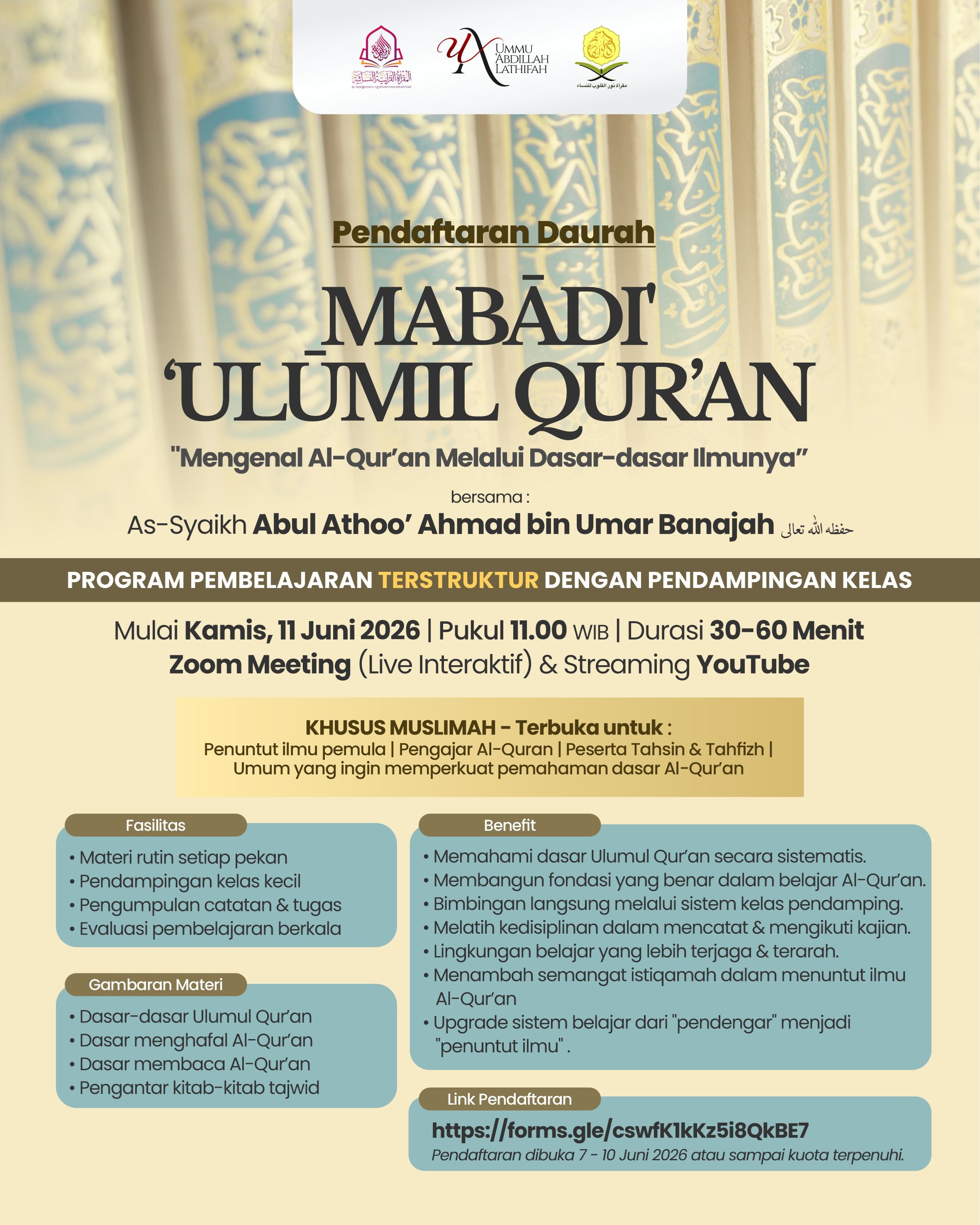 Pendaftaran Daurah Mabādi' Ulumul Qur'an