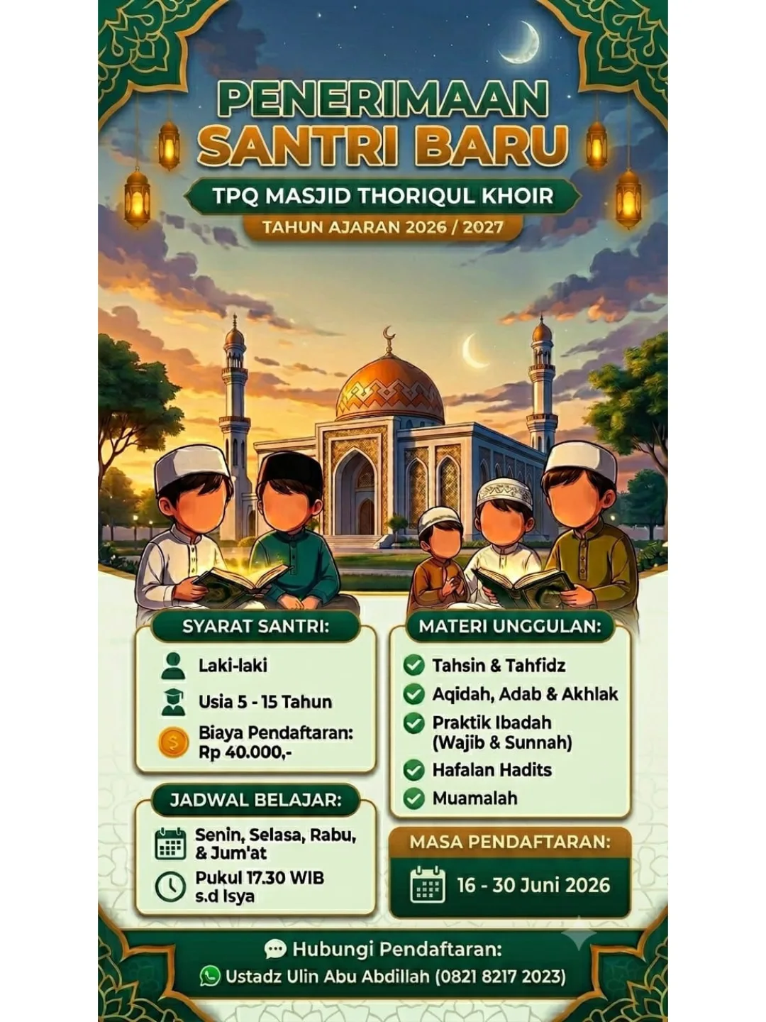 Penerimaan Santri Baru TPQ Masjid Thoriqul Khoir TA 2026/2027
