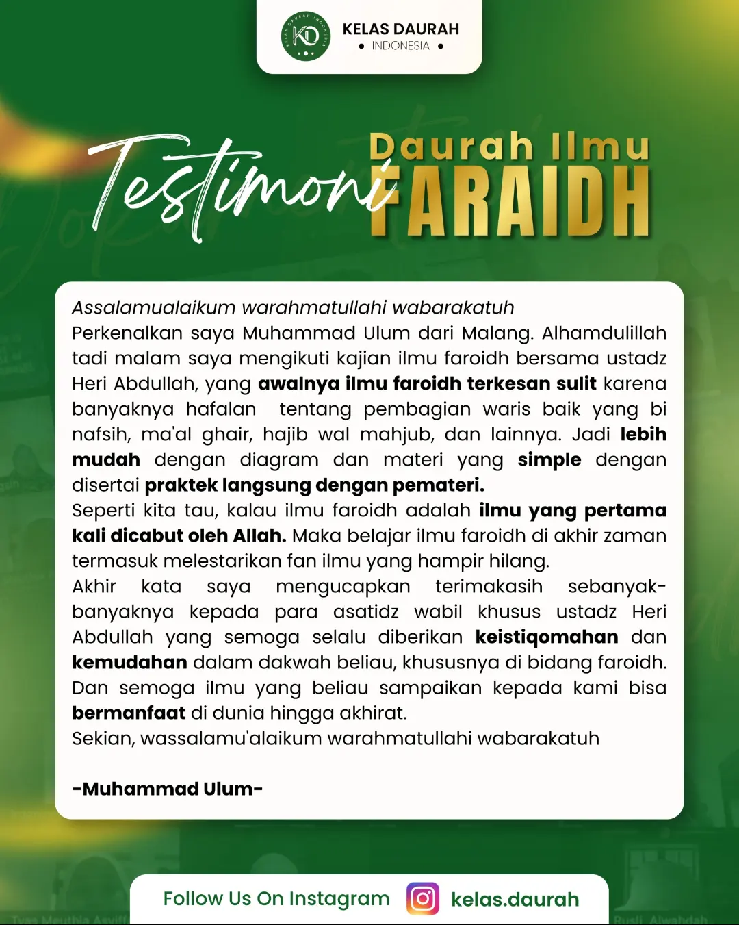 Testimoni Daurah Ilmu Faroidh