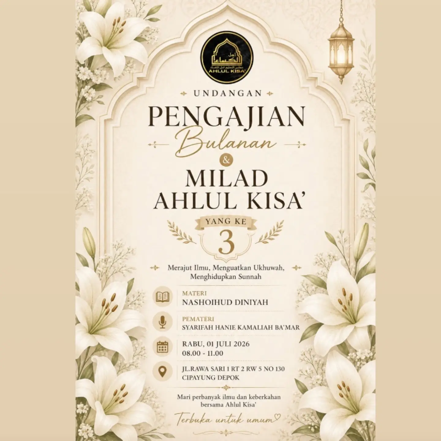 Undangan Pengajian Bulanan & Milad Ahlul Kisa' Yang Ke-3